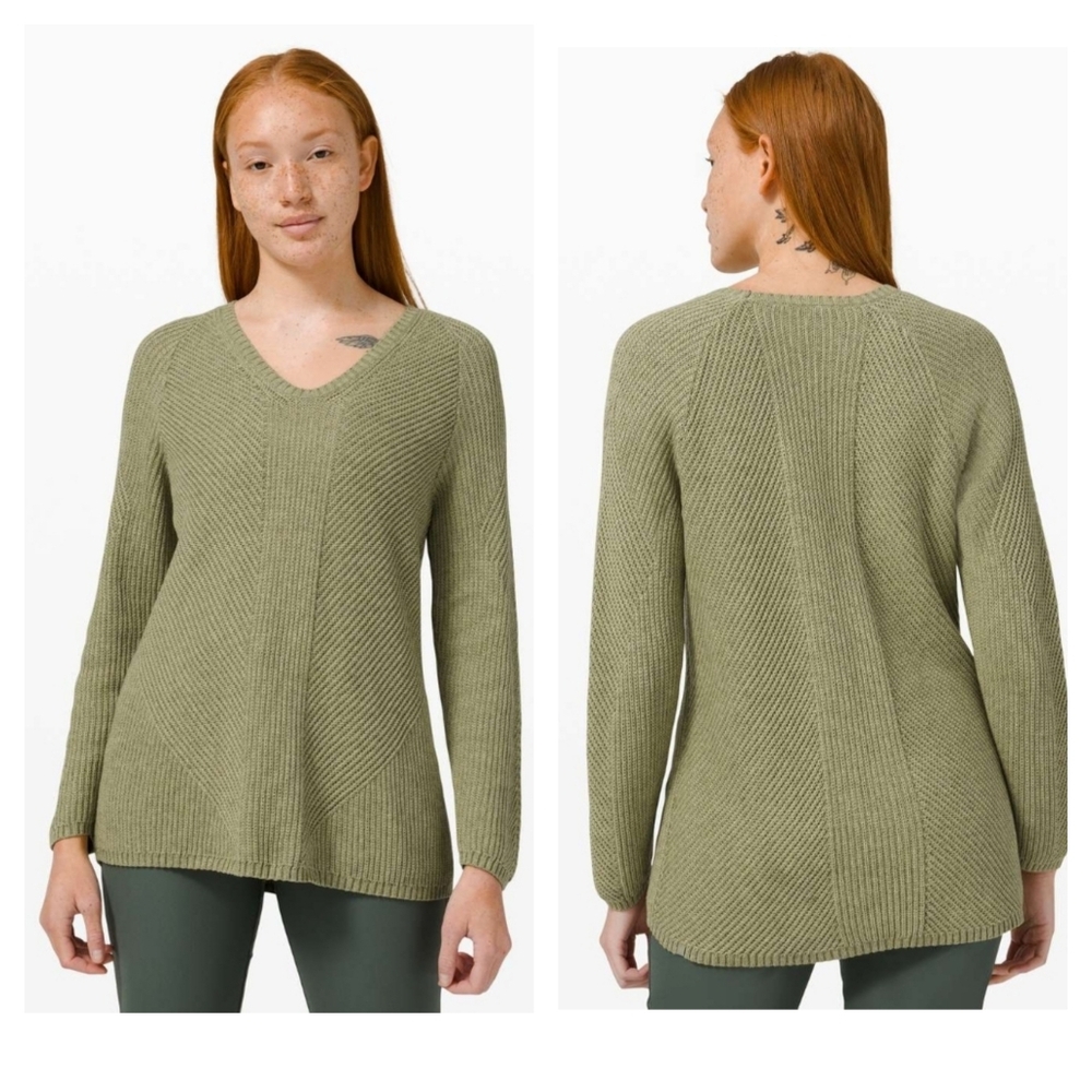 Lululemon Knit Blend Textured Pullover V-Neck Sweater Heathered Rosemary Green 2